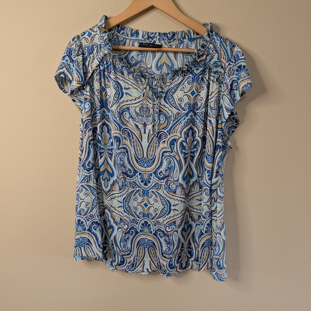 Lane‎ Bryant Paisley Flutter Sleeve Blouse Size 18/20 Blue Tie Neck Top